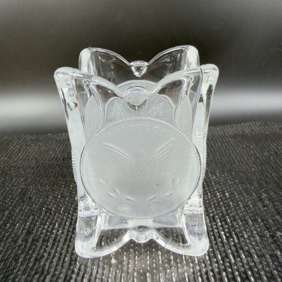 Vintage Square Clear Crystal Frosted Coin Toothpick Holder Match Holder Small - Picture 10 of 13